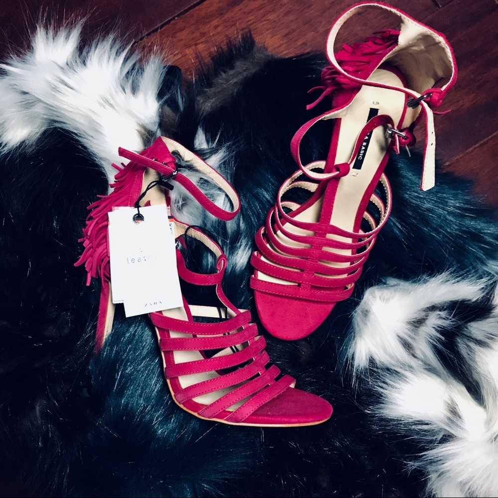 Zara Magenta Fringed Sandal Heels